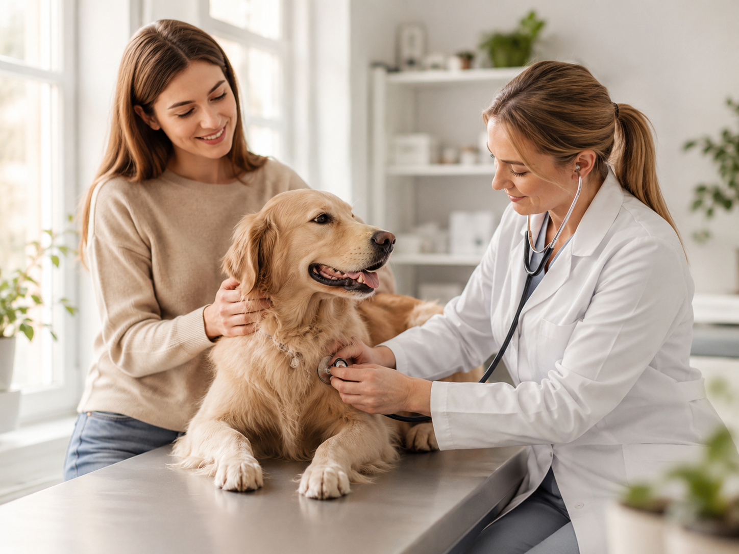 Veterinářka vyšetřuje psa v čisté a světlé ordinaci